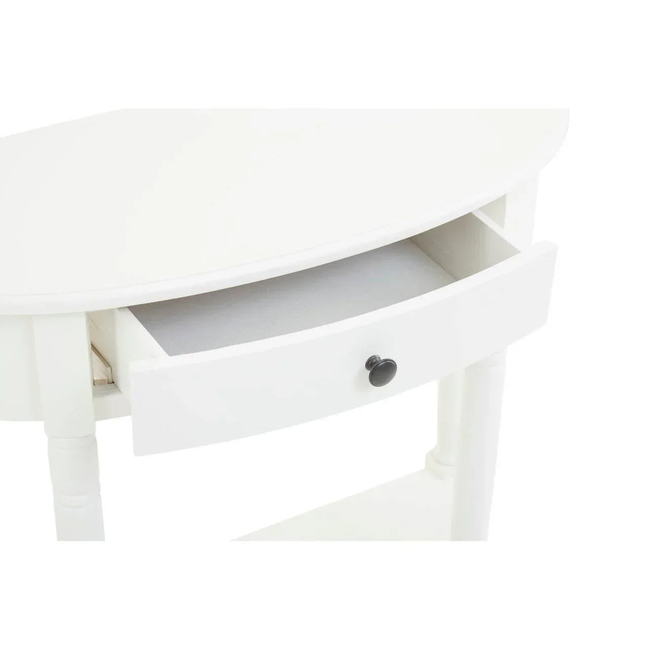 White wooden console table with curved edge and single drawer, black knob detail