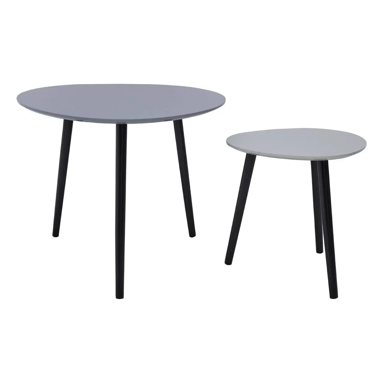 Set of two modern nesting coffee tables with round grey tops and black angled legs
