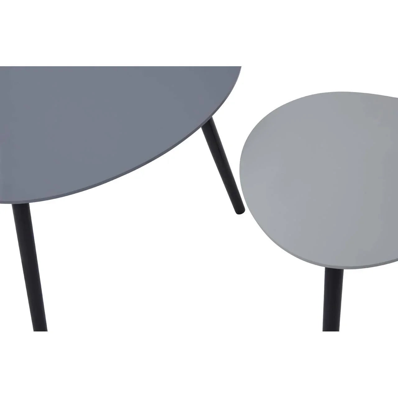 Set of two round nesting coffee tables with grey tops and black legs, top view