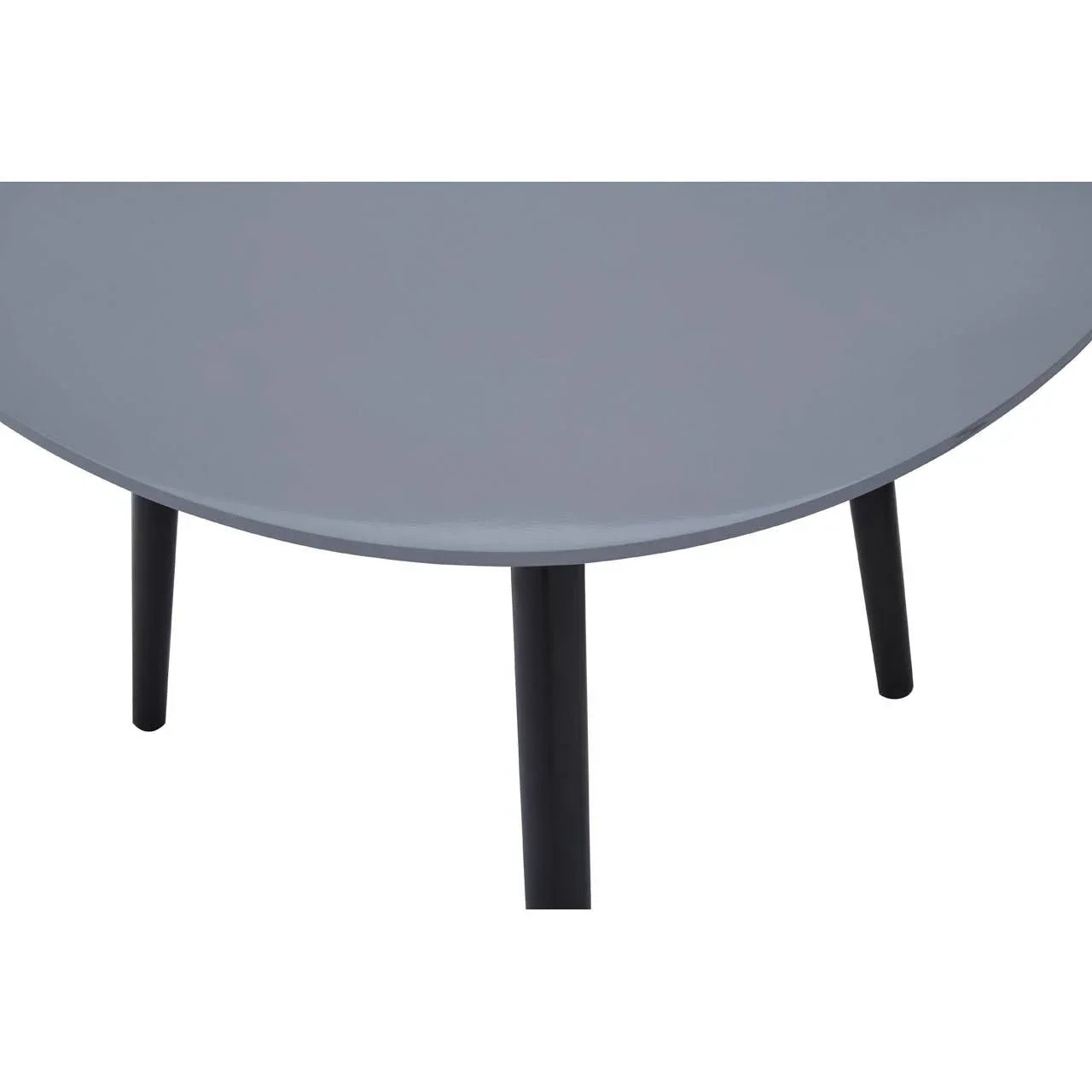 Grey round coffee table with smooth top and black legs, partial view