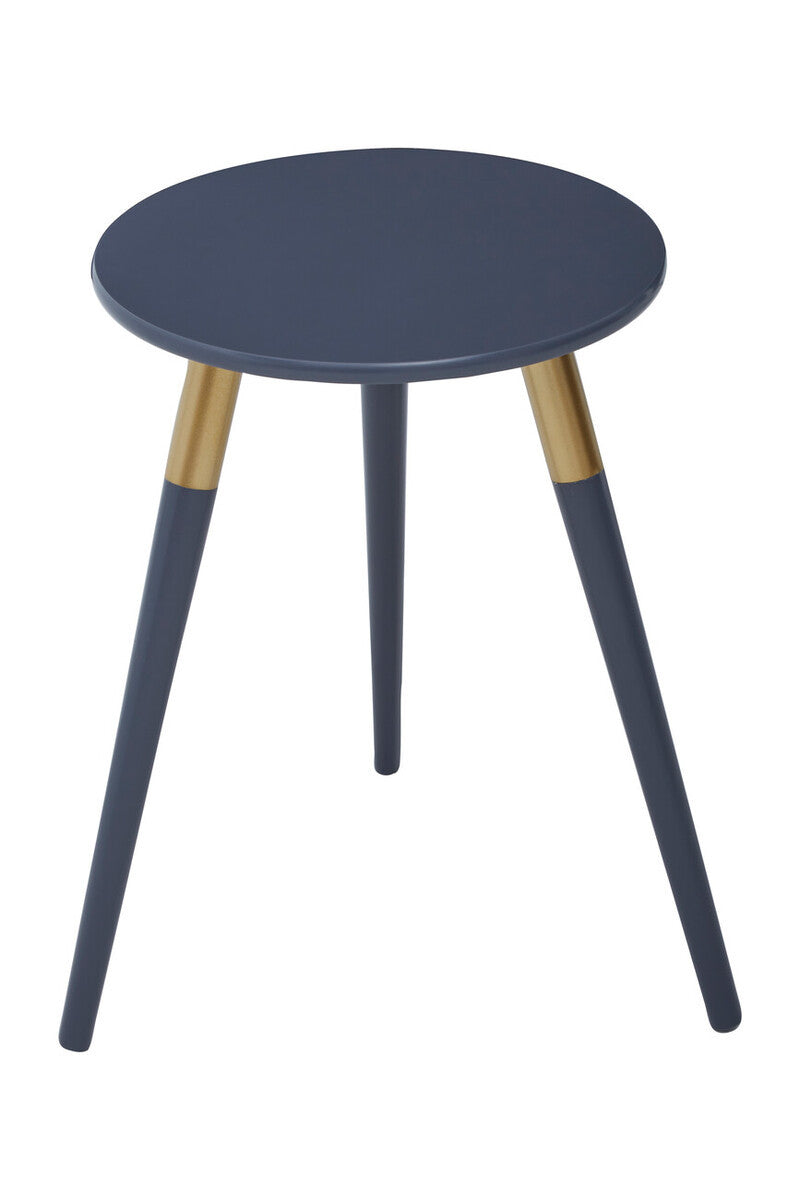 Round dark grey side table with three tapered legs, two of which are dark grey and one featuring a natural wood finish, creating a modern and stylish look suitable for various home decor styles