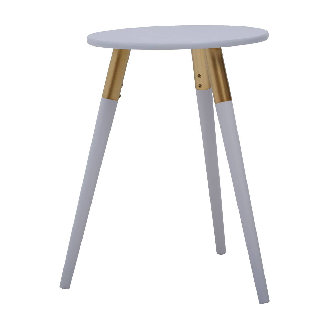 Round light grey side table with three tapered legs, two of which are light grey and one is natural wood, showcasing a modern and minimalist design