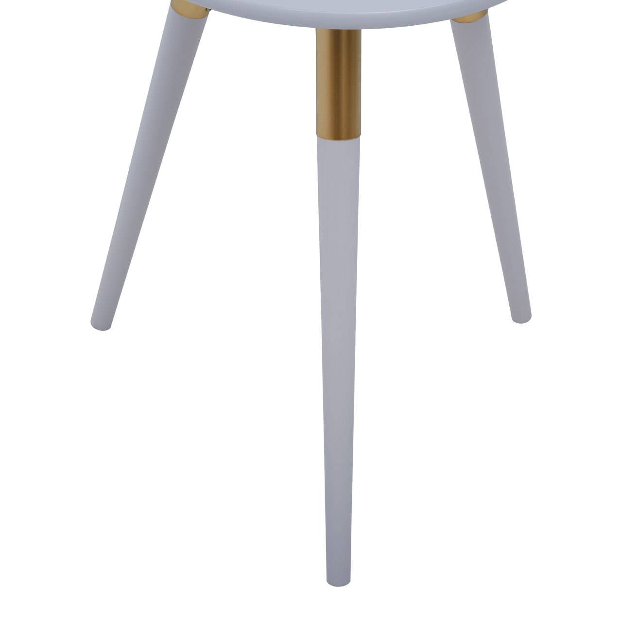 Light grey side table with a round top and three tapered legs, featuring a gold accent where the legs meet the tabletop. The legs are slender and made of wood, giving a modern and minimalist look