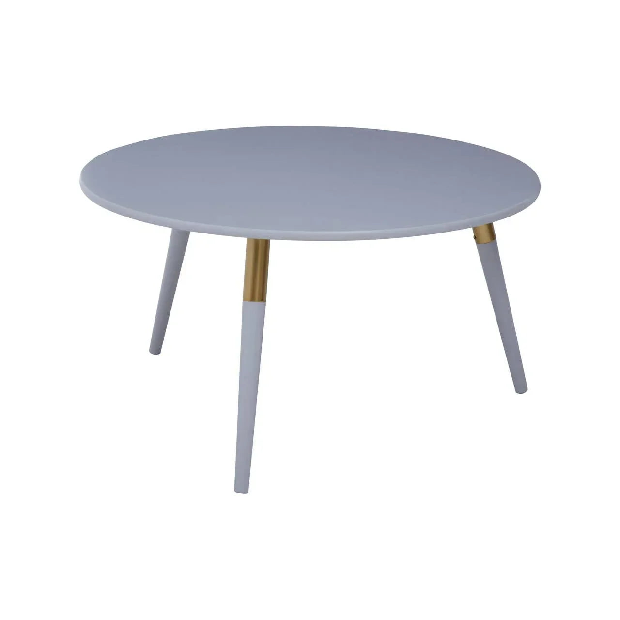 Round grey coffee table with slender legs and gold accents