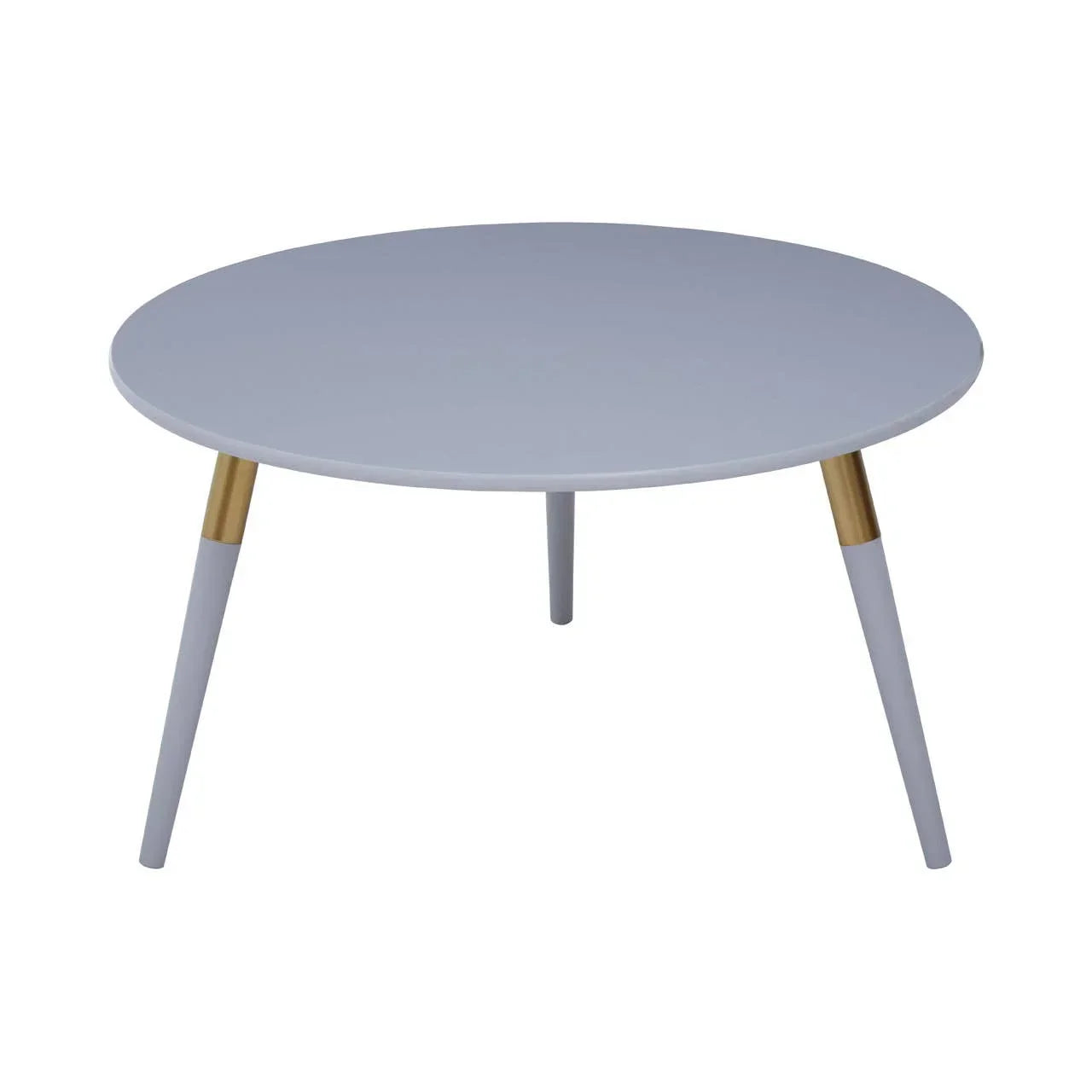 Round grey coffee table with three legs and gold accent details
