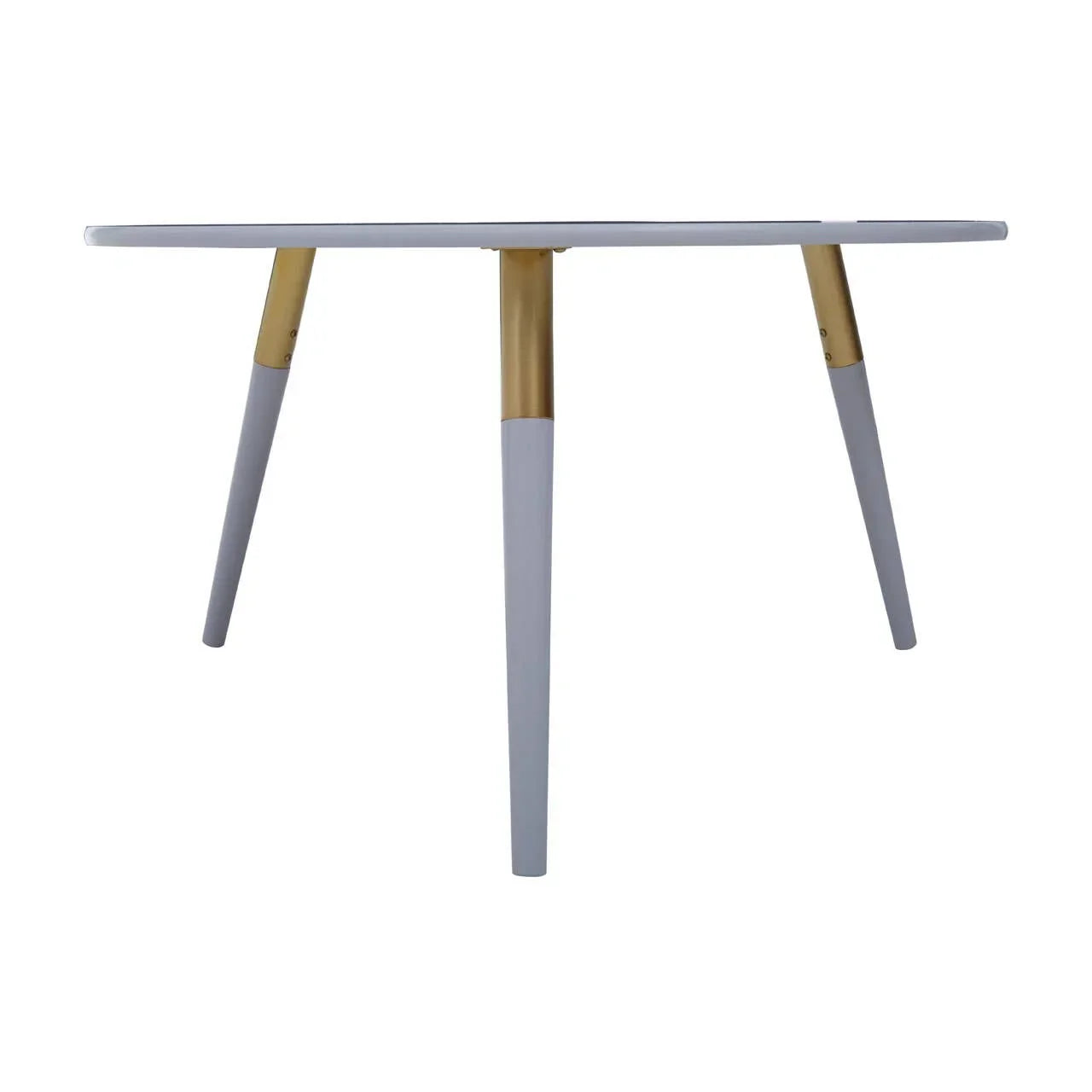 Modern round dining table with white top and angled gold and white legs