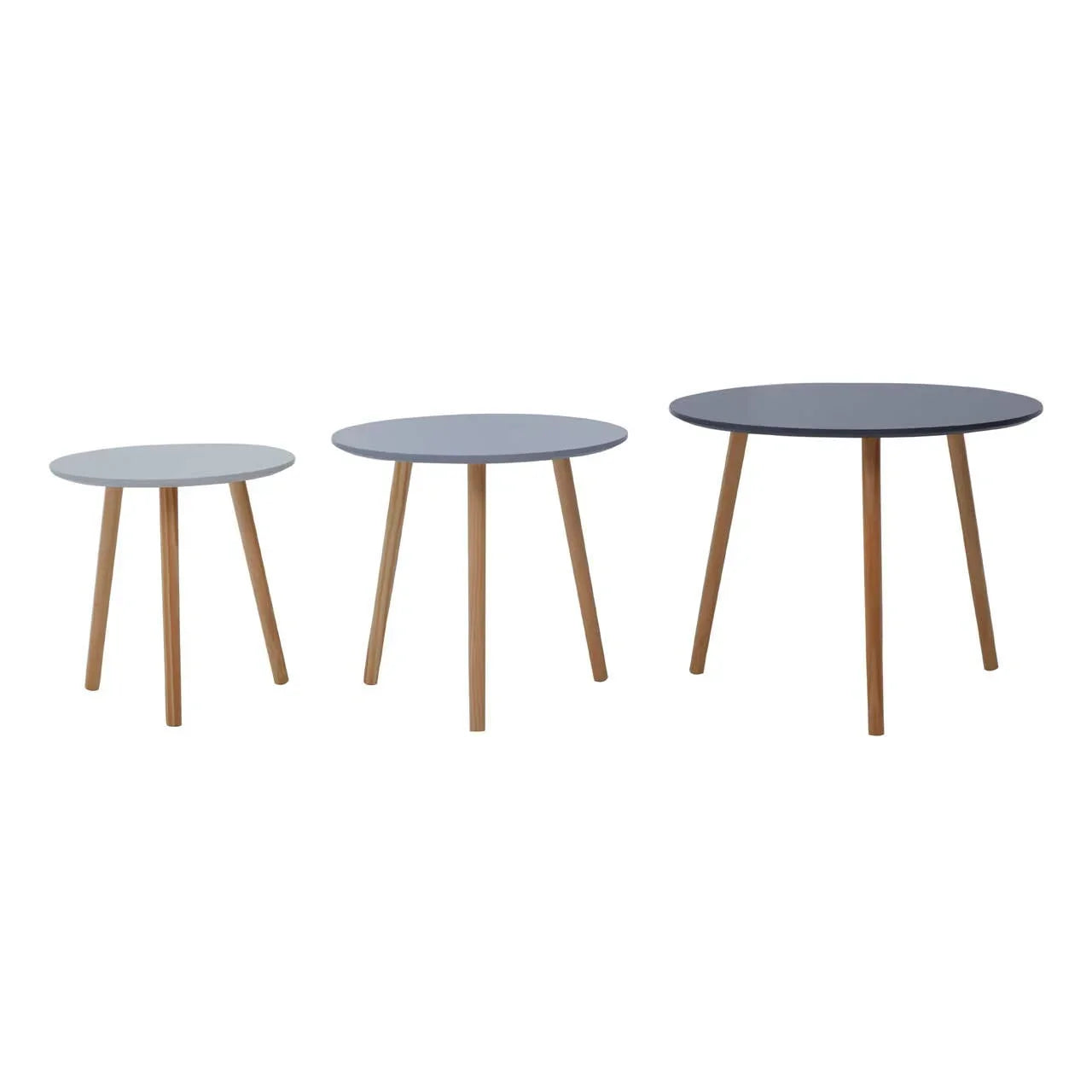 Set of three round nesting tables with blue tops and wooden legs