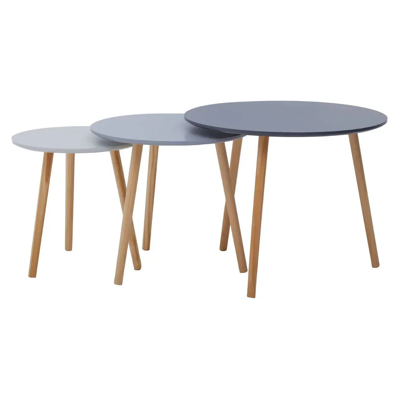 Set of three round nesting tables with light wooden legs and grey tabletops