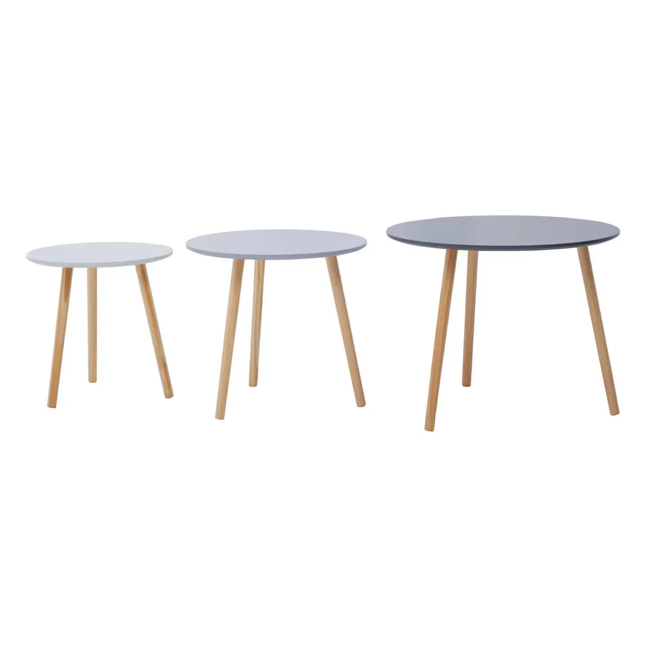 Set of three round wooden coffee tables with light wood legs and grey tops, different sizes