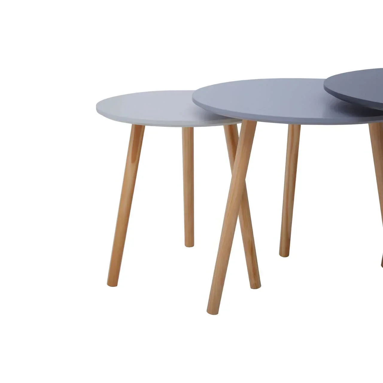 Round nesting coffee tables with light wooden legs and grey tops, partial side view