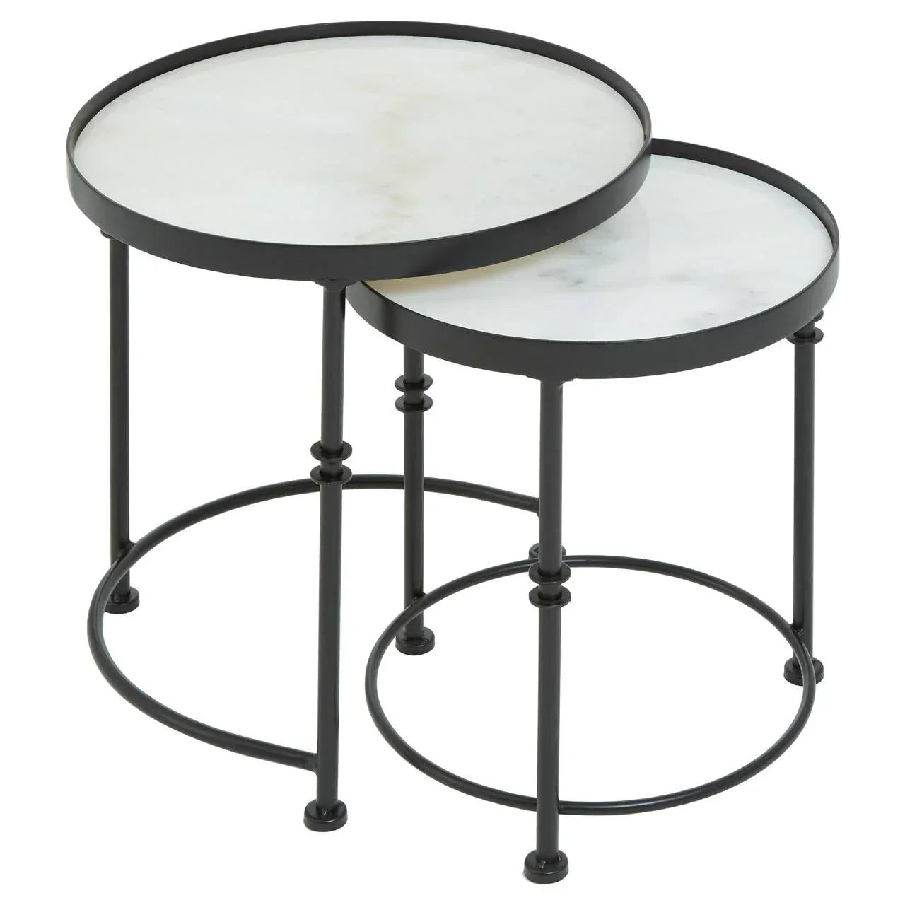 Round nesting side tables with black metal frame and white marble tops