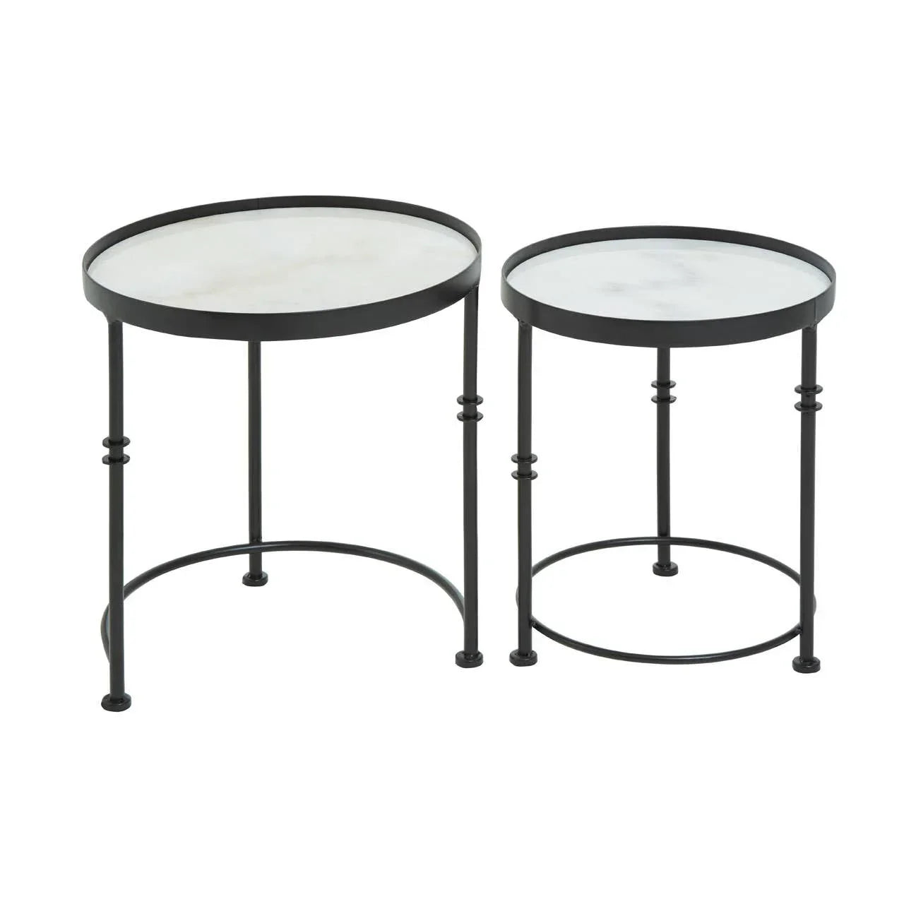 Set of two round side tables with white marble tops and black metal frames