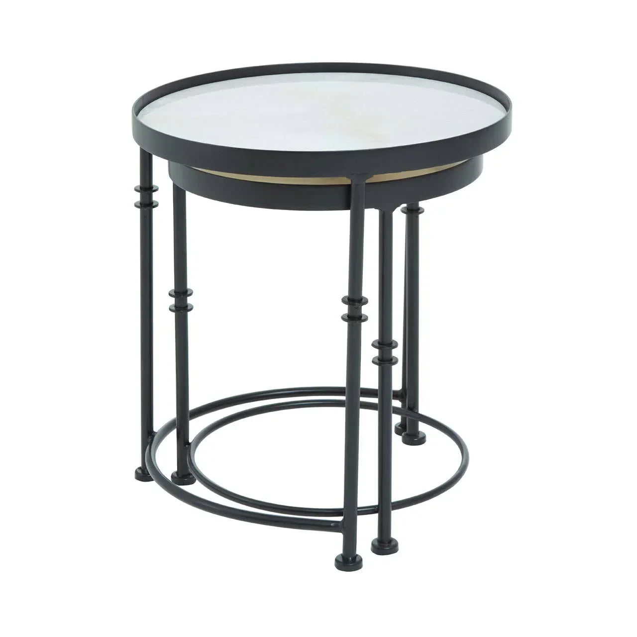 Round side table with black metal frame and white marble top