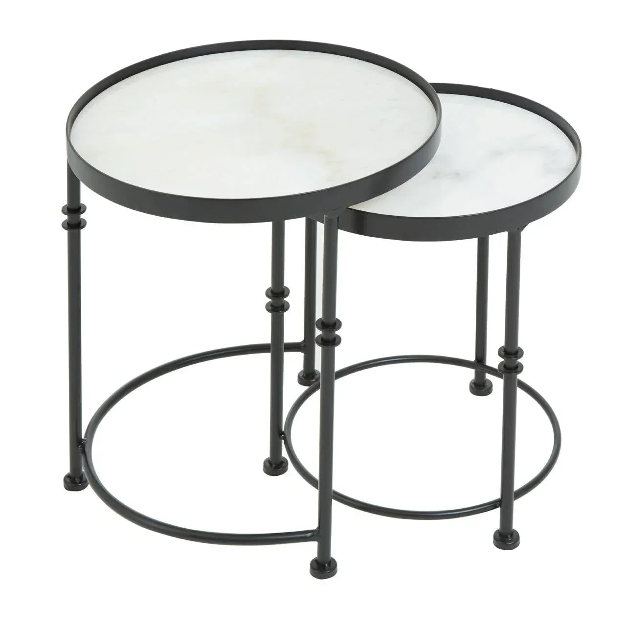 Round marble top nesting tables with black metal frames