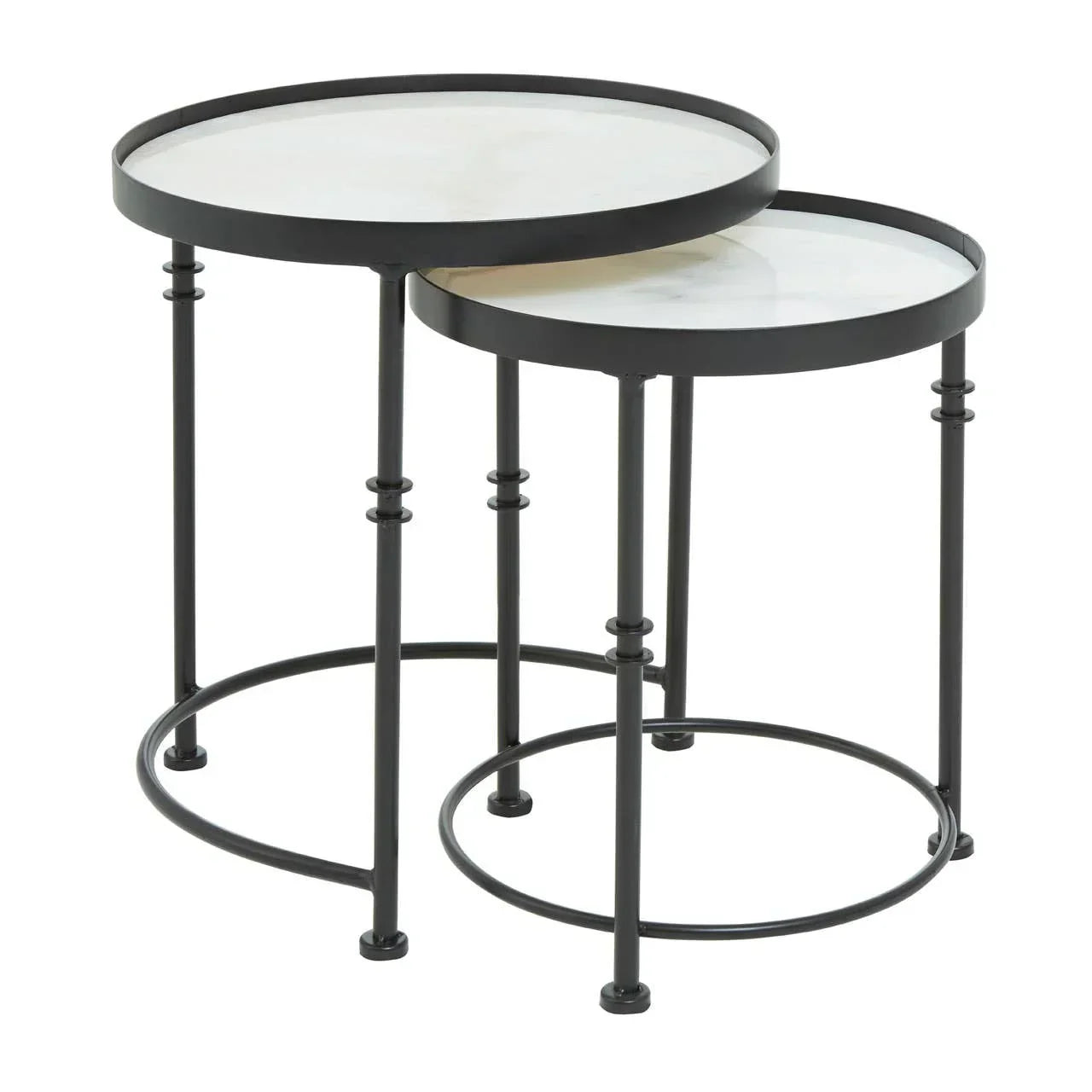 Set of two round nesting side tables with black metal frames and white marble tops