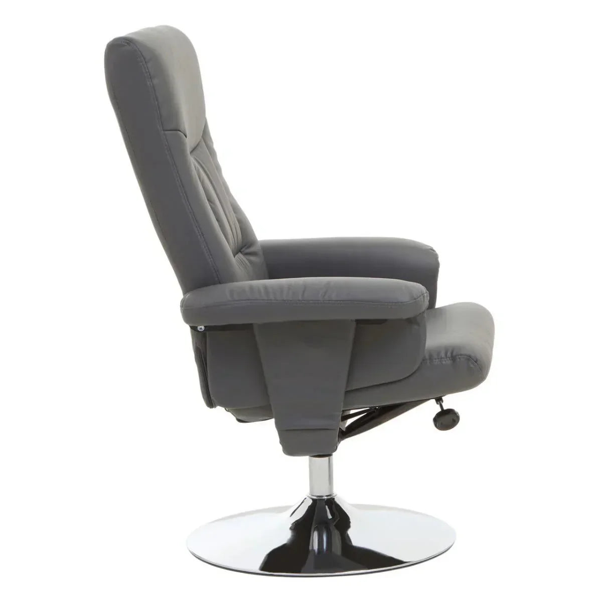 Grey leather recliner chair with chrome swivel base, side view