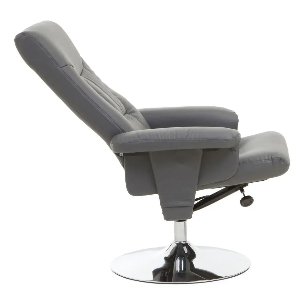 Grey leather recliner chair with padded armrests and chrome swivel base side profile