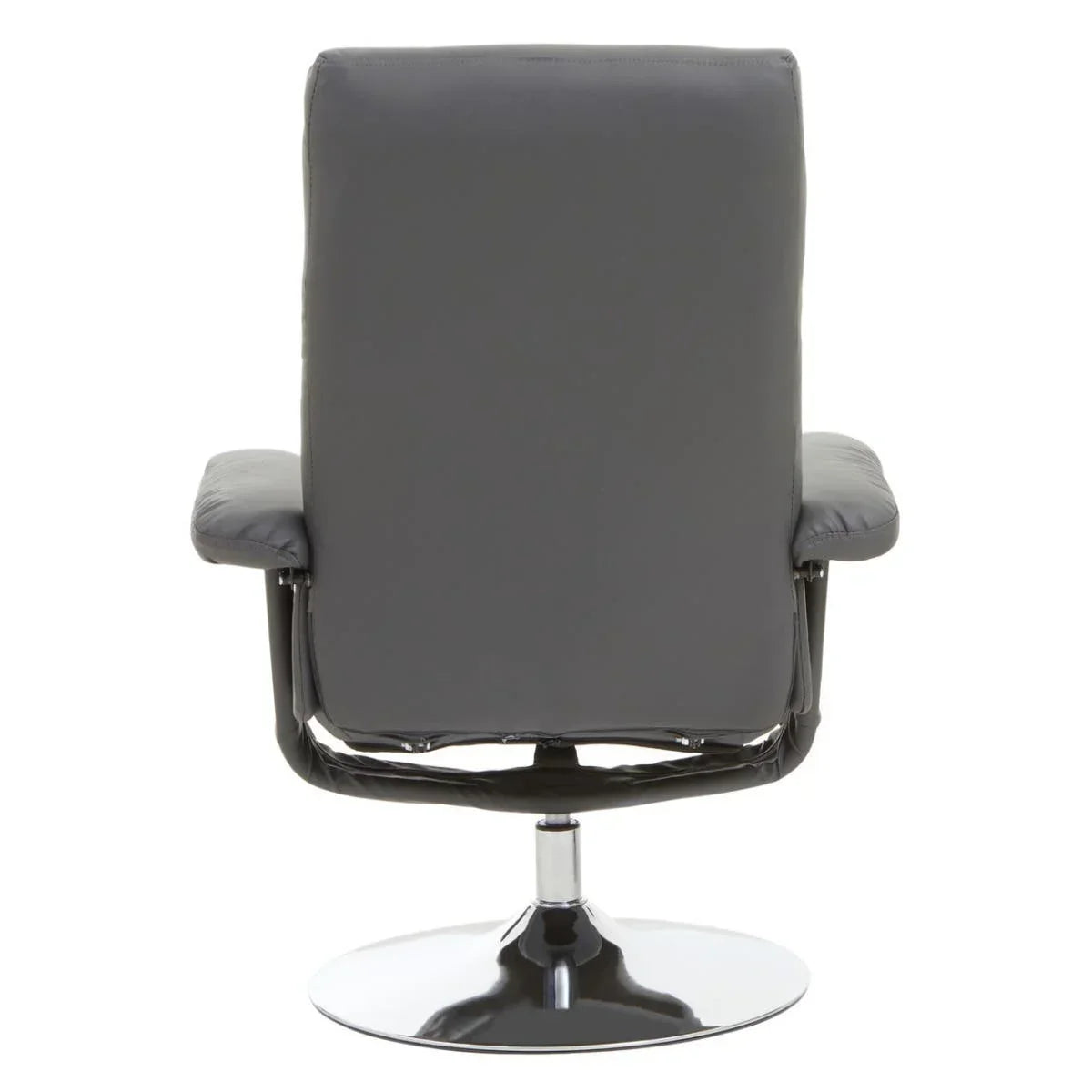 Rear view of grey swivel recliner chair with padded back and chrome base
