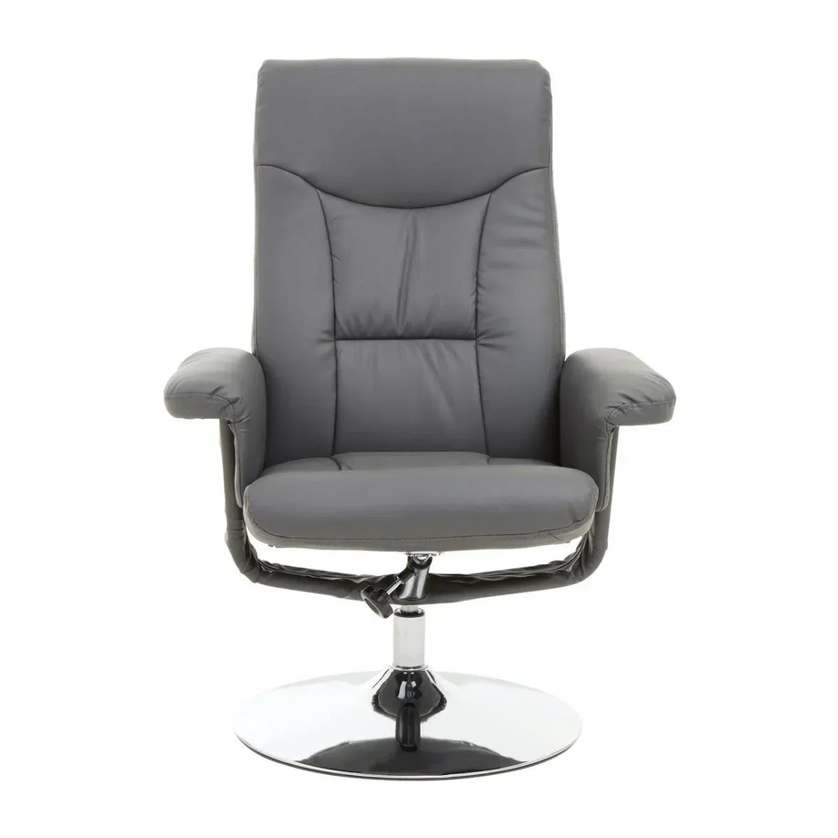 Grey leather swivel recliner chair with chrome base, front facing view