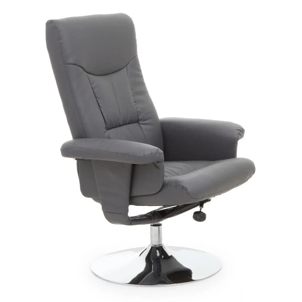 Grey leather recliner chair with padded armrests and chrome swivel base, side angle view