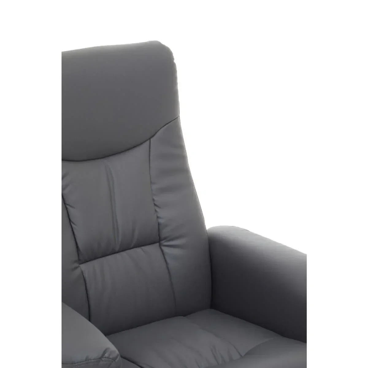 Close-up of grey leather recliner armchair with padded back and armrest