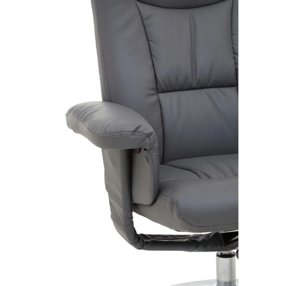 Grey leather recliner chair close-up showing padded armrest and seat upholstery