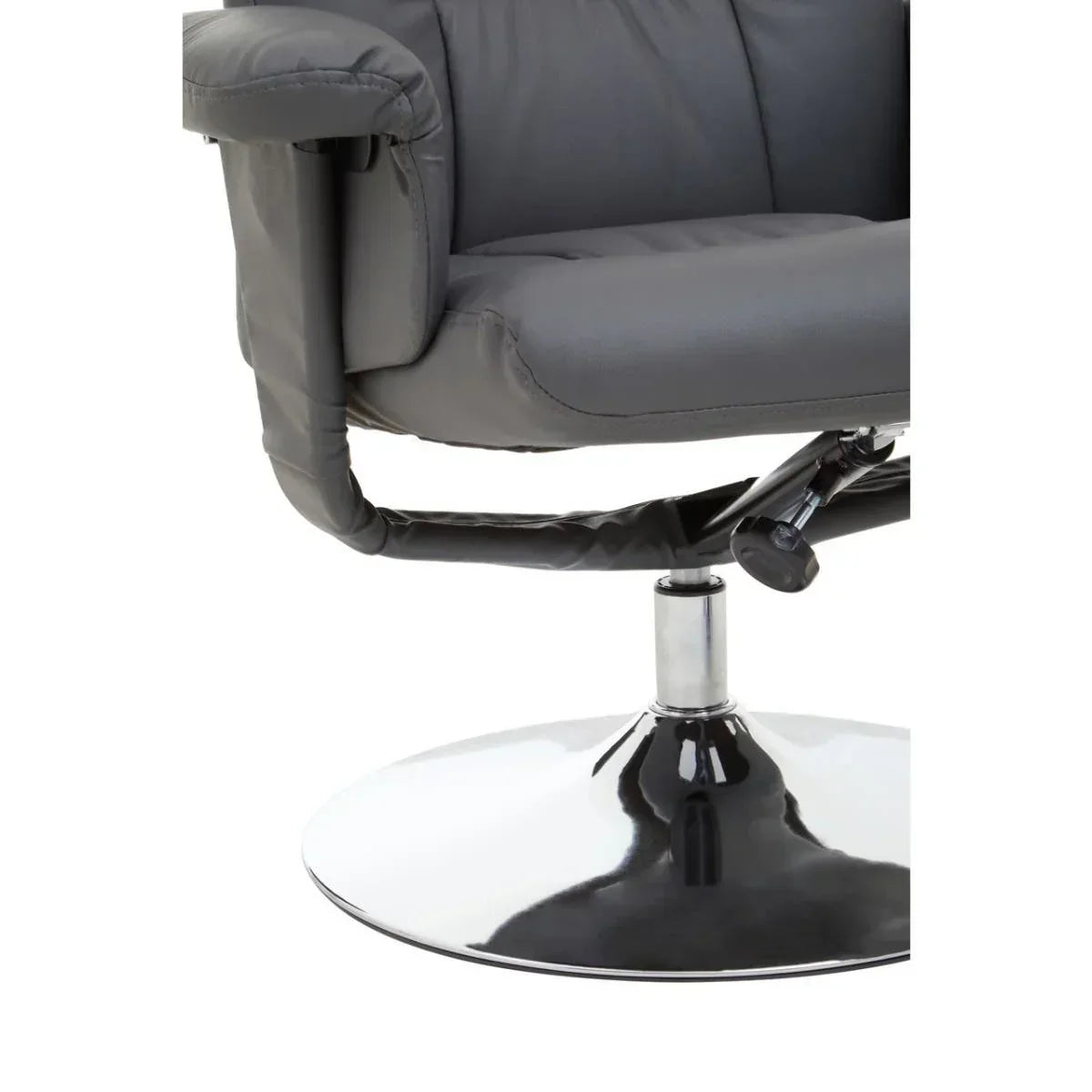 Closeup of grey leather swivel chair with chrome pedestal base