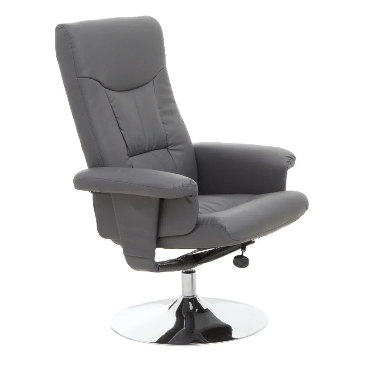Grey leather recliner chair with chrome swivel base and padded armrests, side view