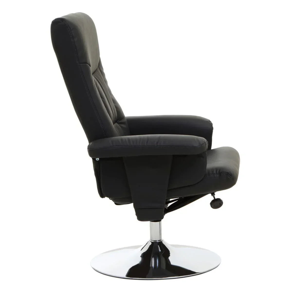 Black leather recliner chair with armrests and chrome swivel base, side profile view