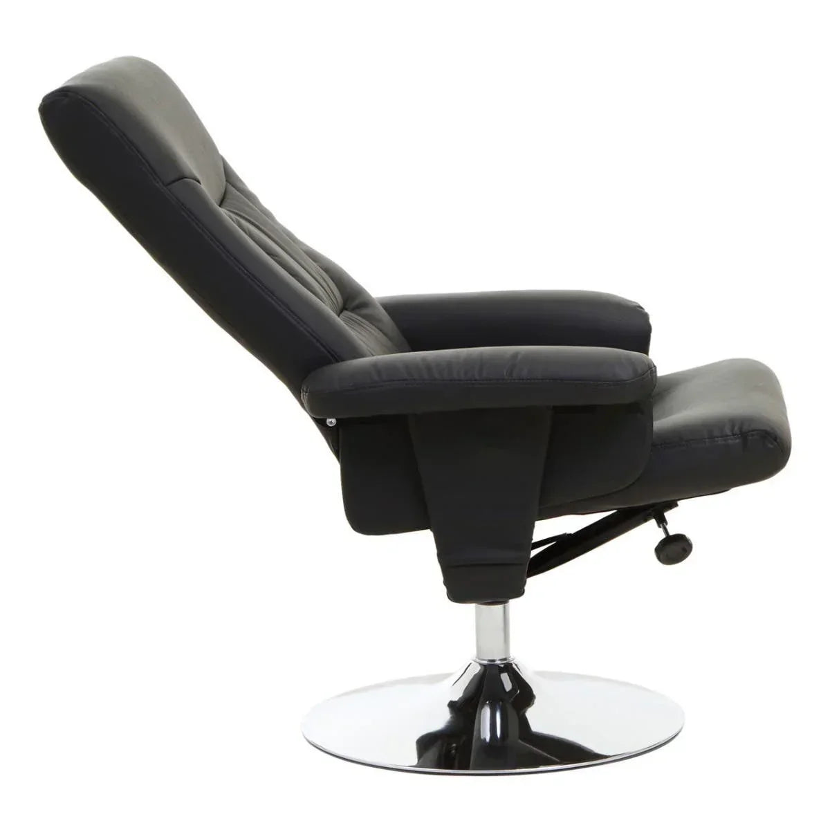 Black recliner chair with padded armrests and chrome swivel base, side profile view