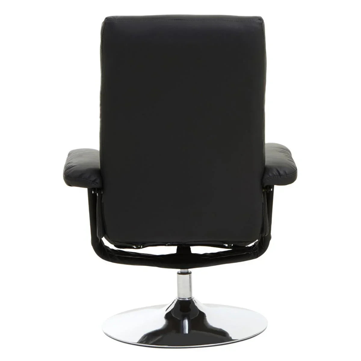 Black swivel recliner chair with chrome circular base, rear view