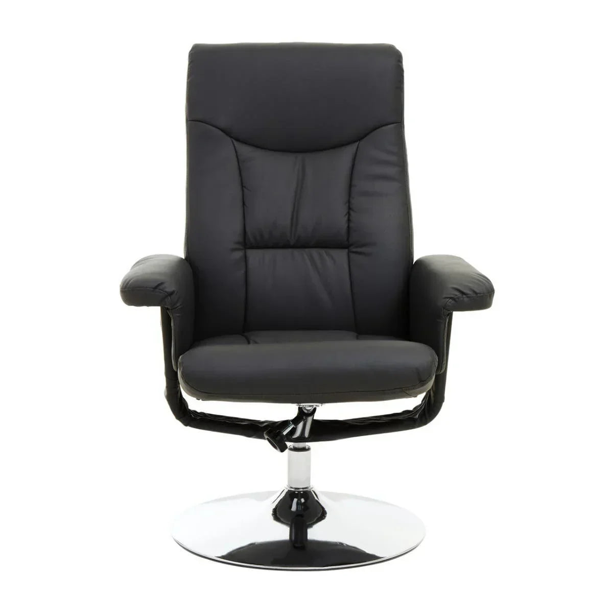 Black leather swivel chair with padded armrests and chrome base, front view