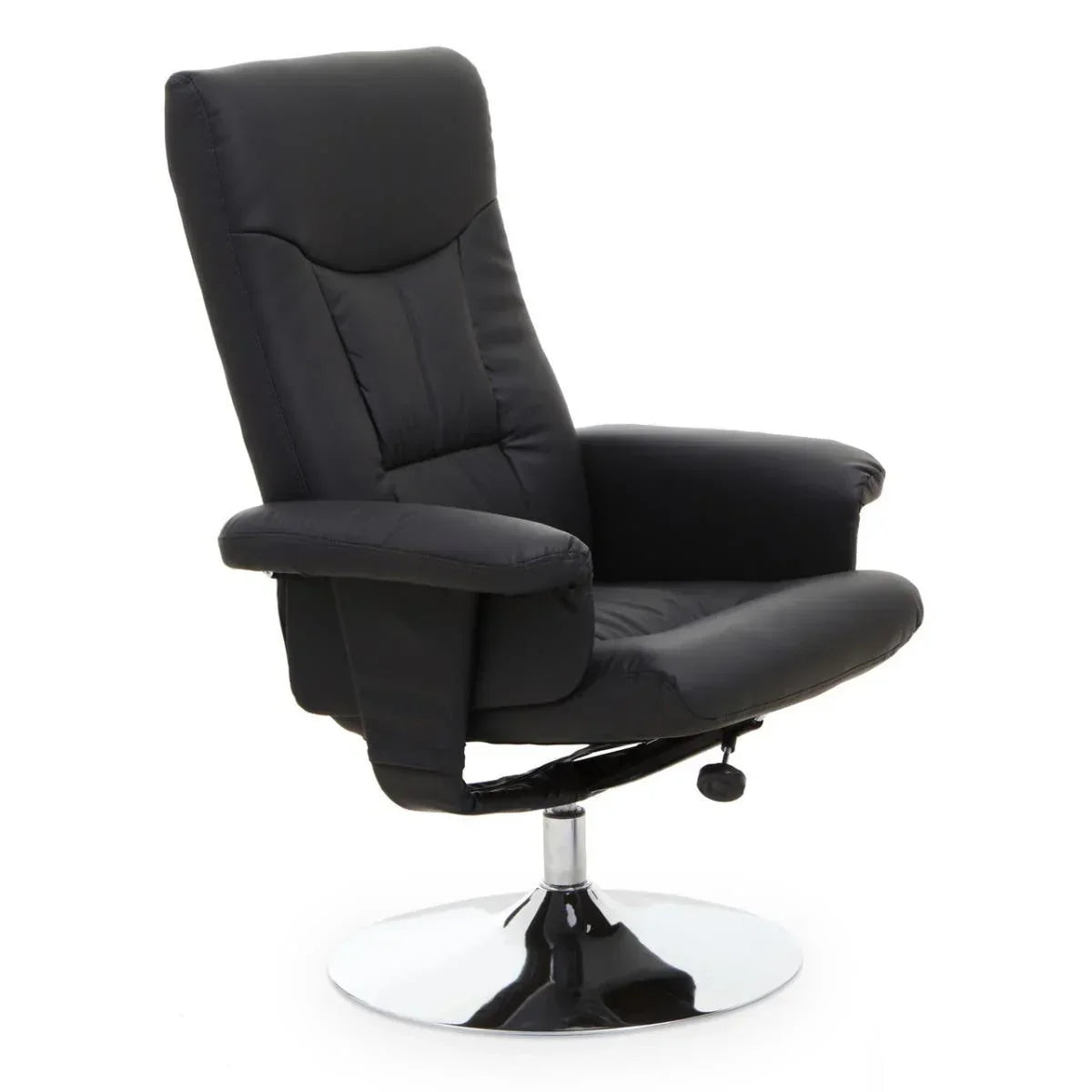 Black swivel armchair with padded seat, backrest and chrome base, angled side view