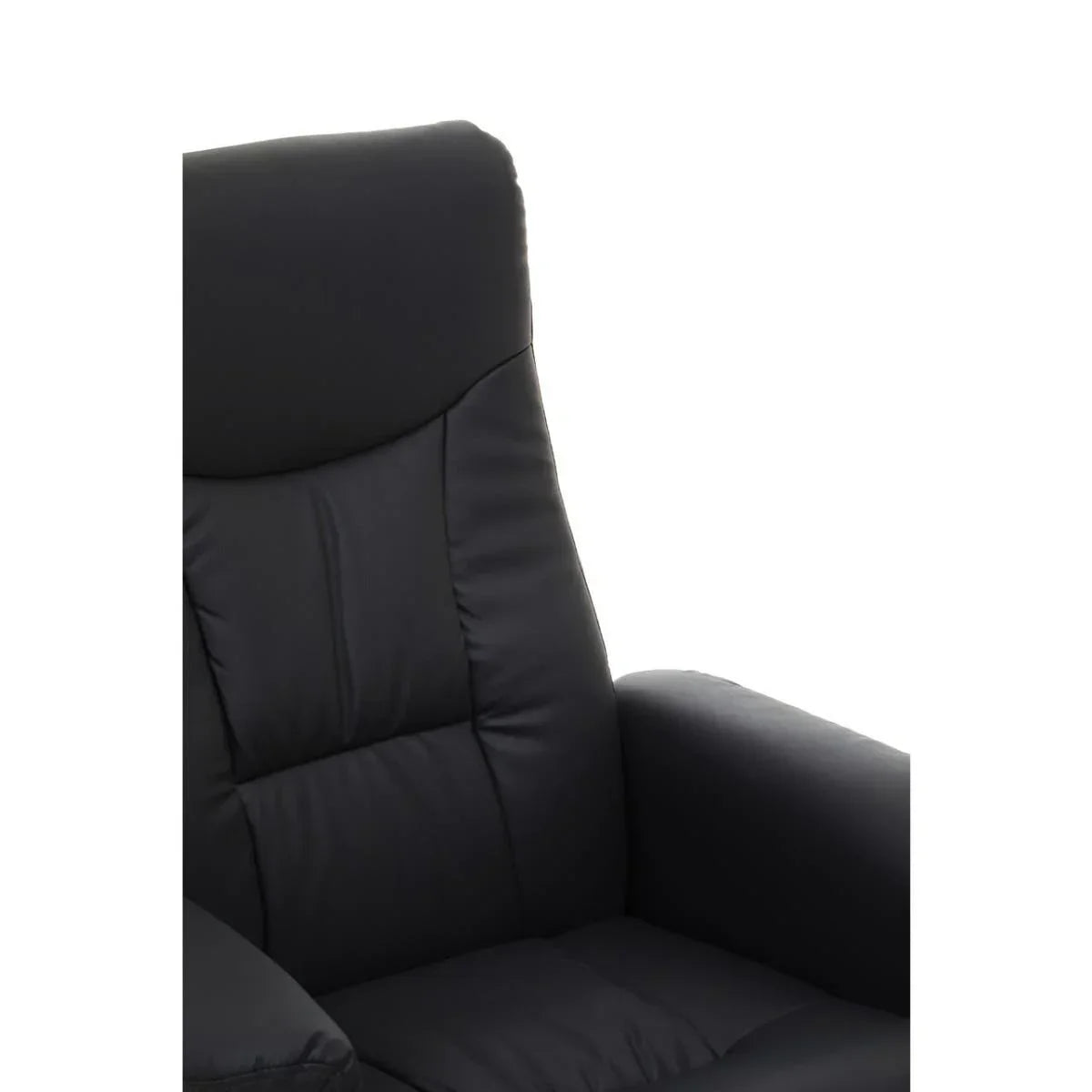 Black leather armchair close-up showing padded backrest and armrest detail