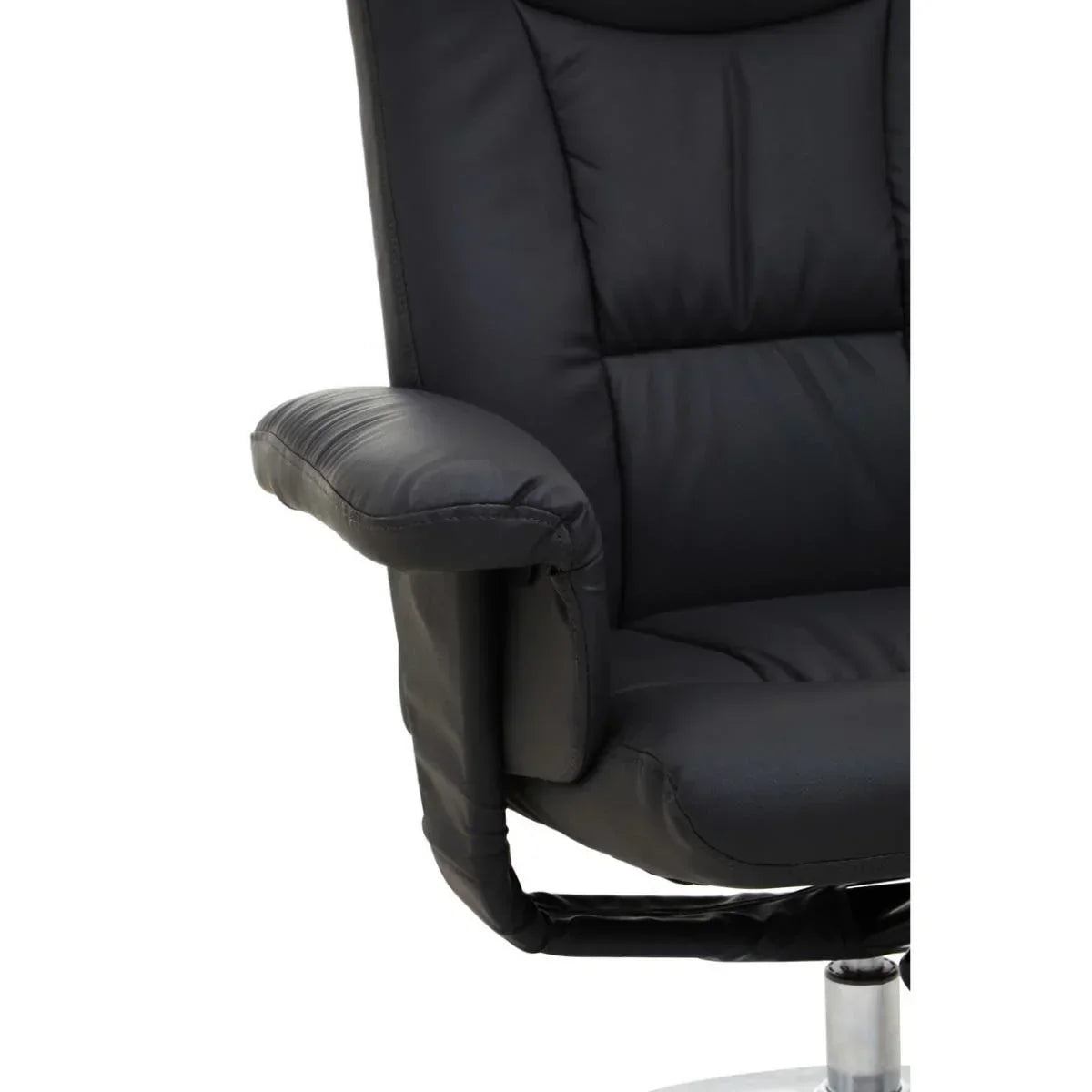 Close up of black leather recliner chair armrest and seat with chrome base