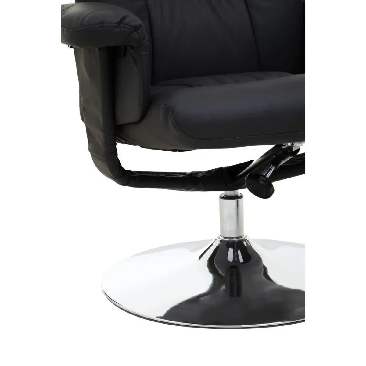 Black leather swivel chair with padded armrest and chrome base, close-up view