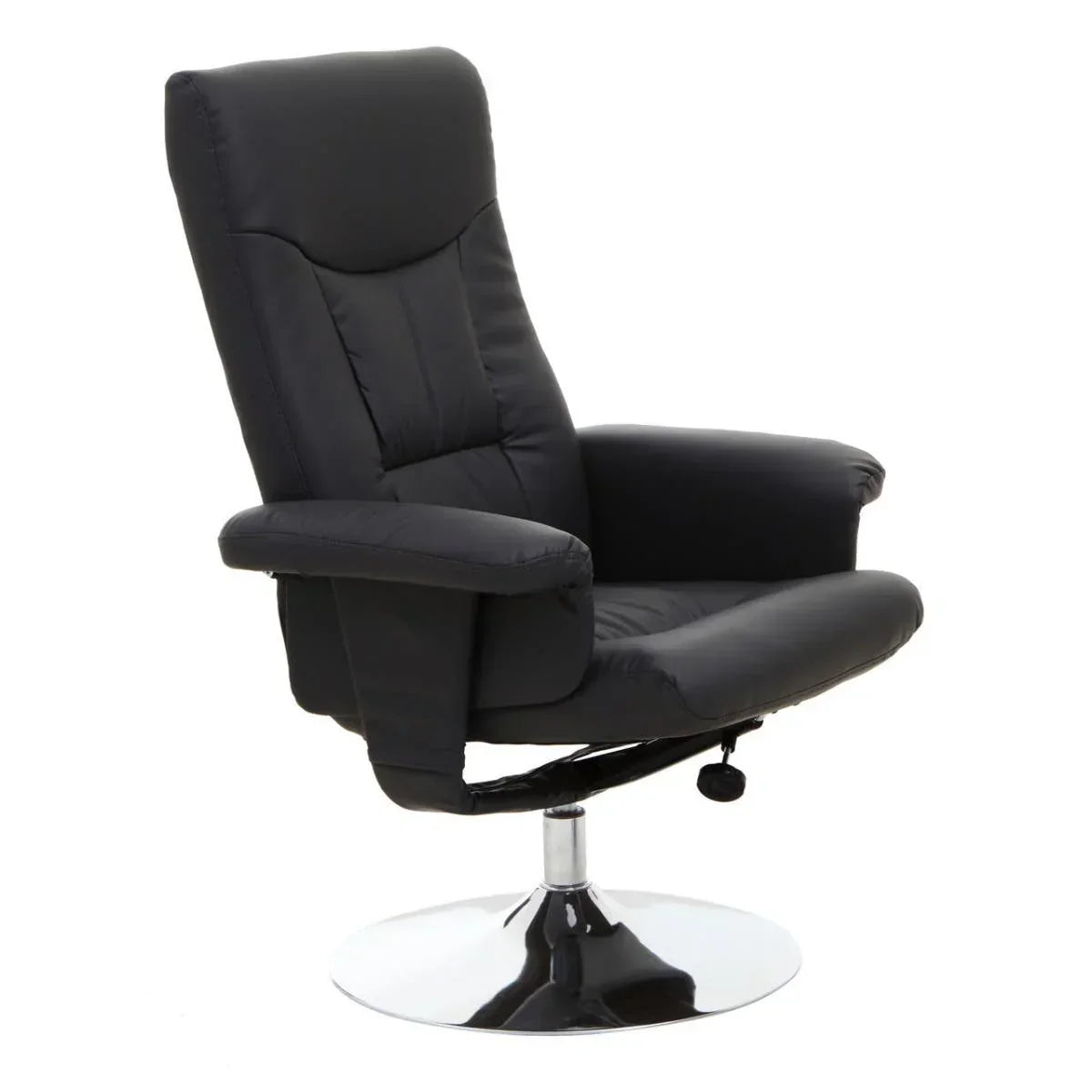 Black recliner chair with padded armrests and chrome swivel base, side view