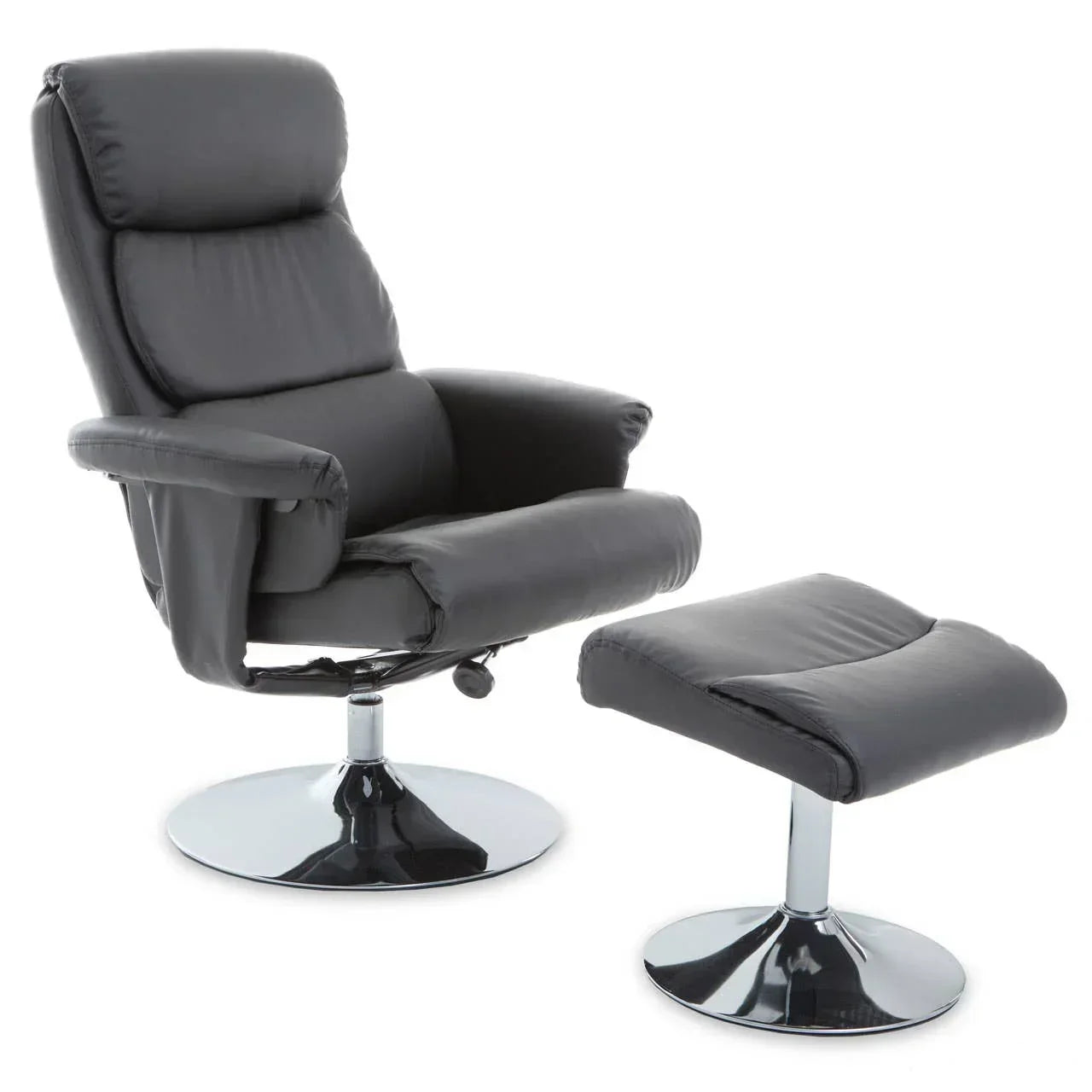Black leather recliner chair with matching footstool on chrome bases
