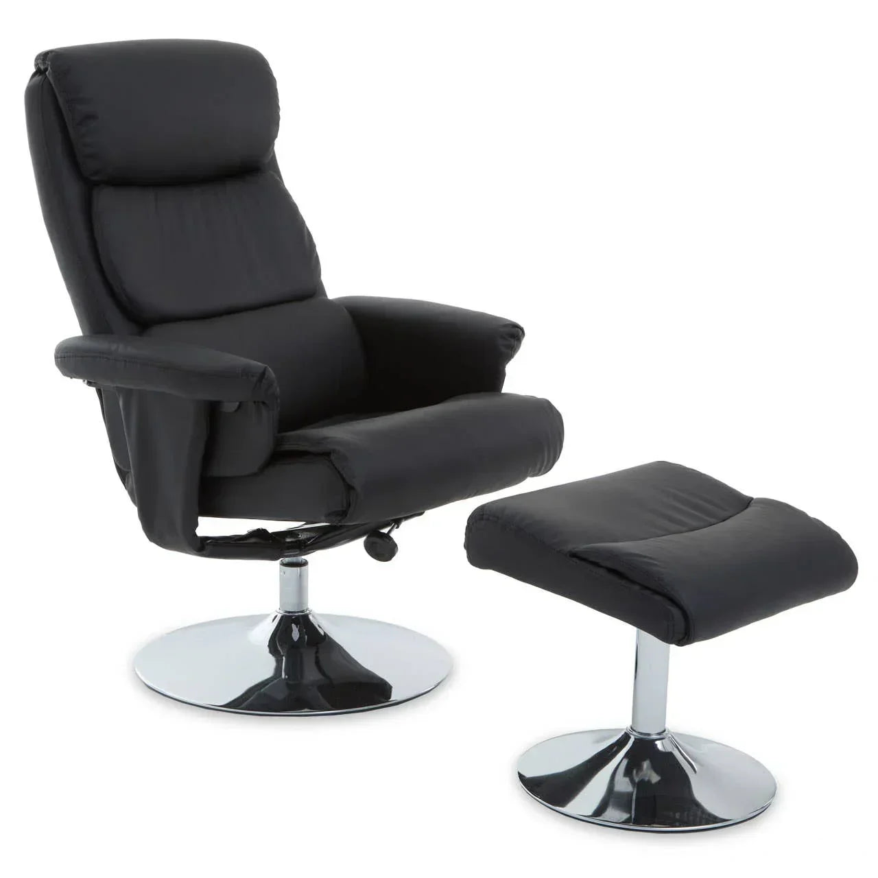 Black leather recliner chair with matching footstool and chrome swivel base