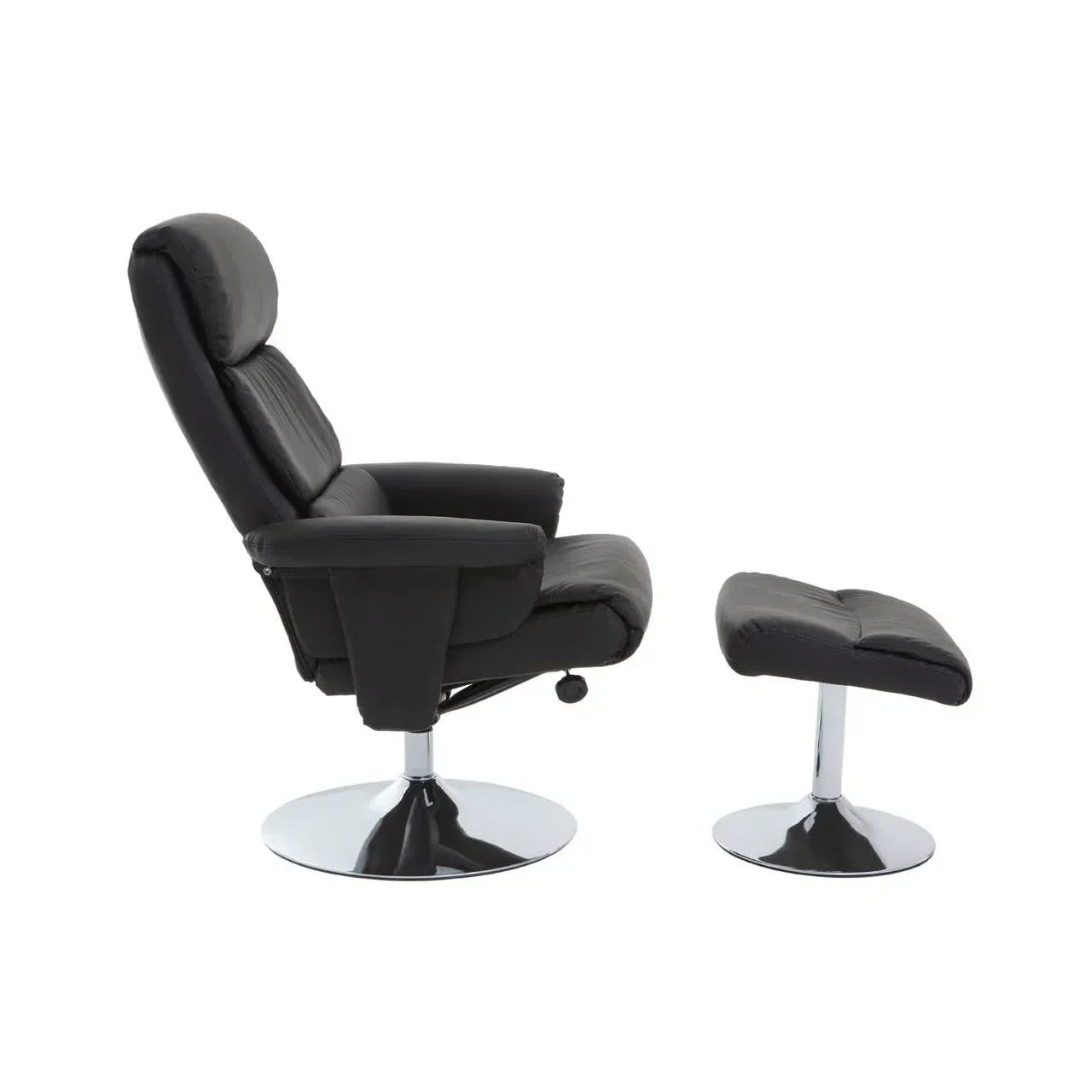 Black leather recliner chair with matching footstool and chrome swivel base, side view