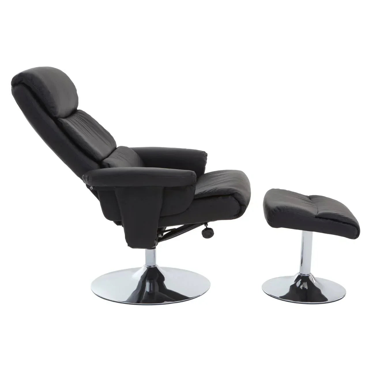 Black leather recliner chair with matching ottoman and chrome base, side profile view