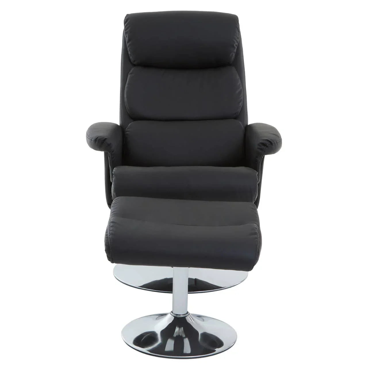 Black leather recliner chair with padded armrests and chrome swivel base, front view