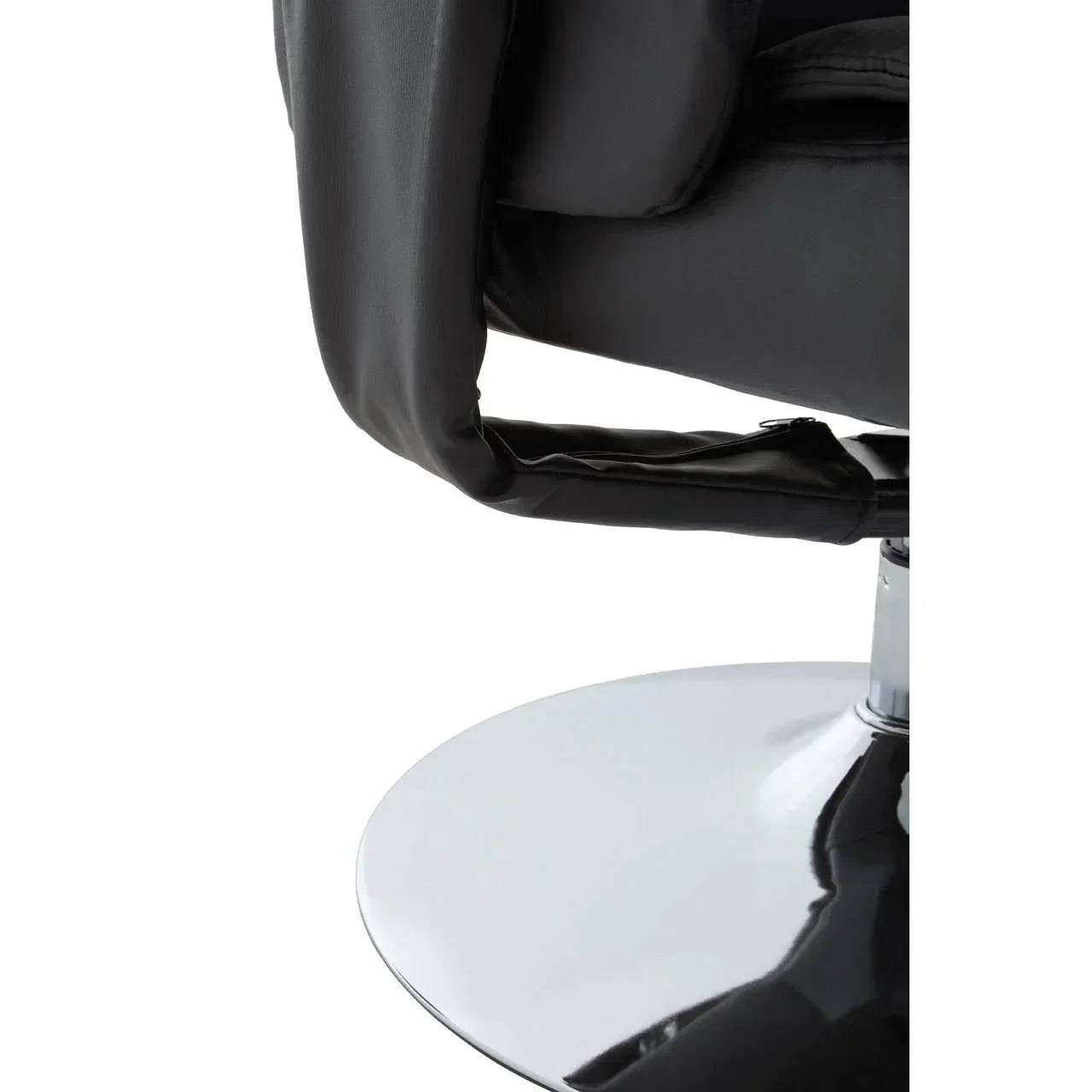 Close-up of black leather chair arm and chrome swivel base