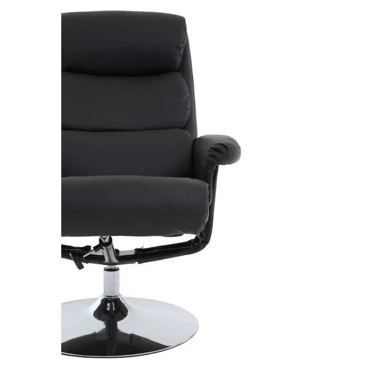 Black leather swivel armchair with chrome base, close-up of padded seat and backrest