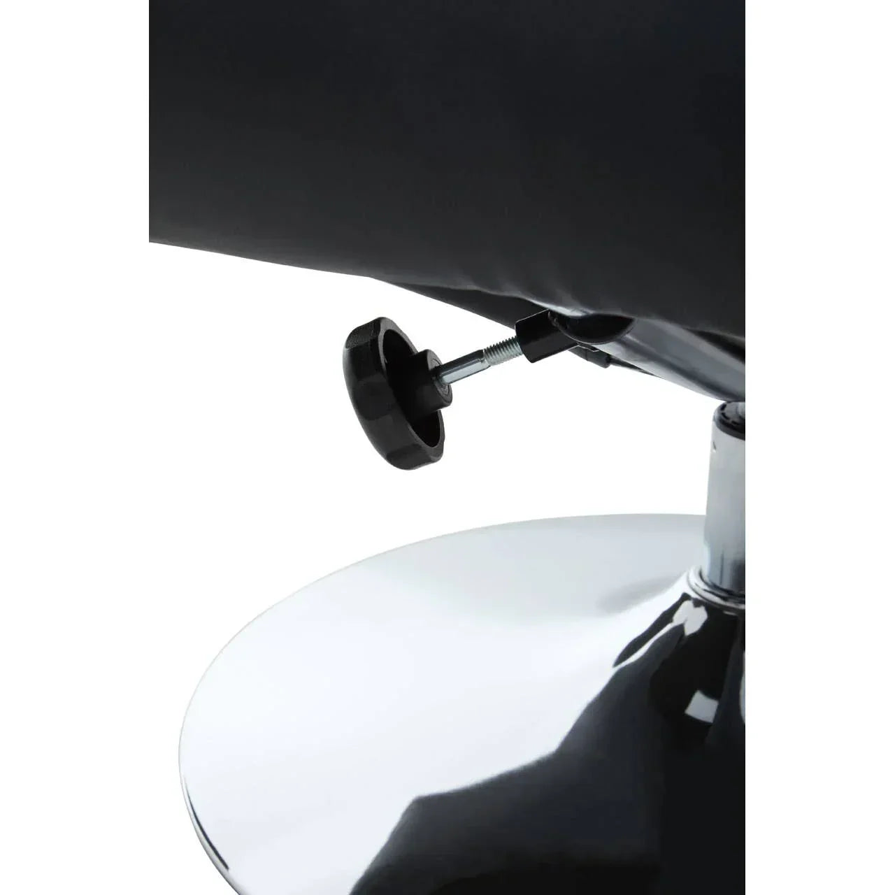 Close up of adjustable chrome bar stool base and black seat height lever