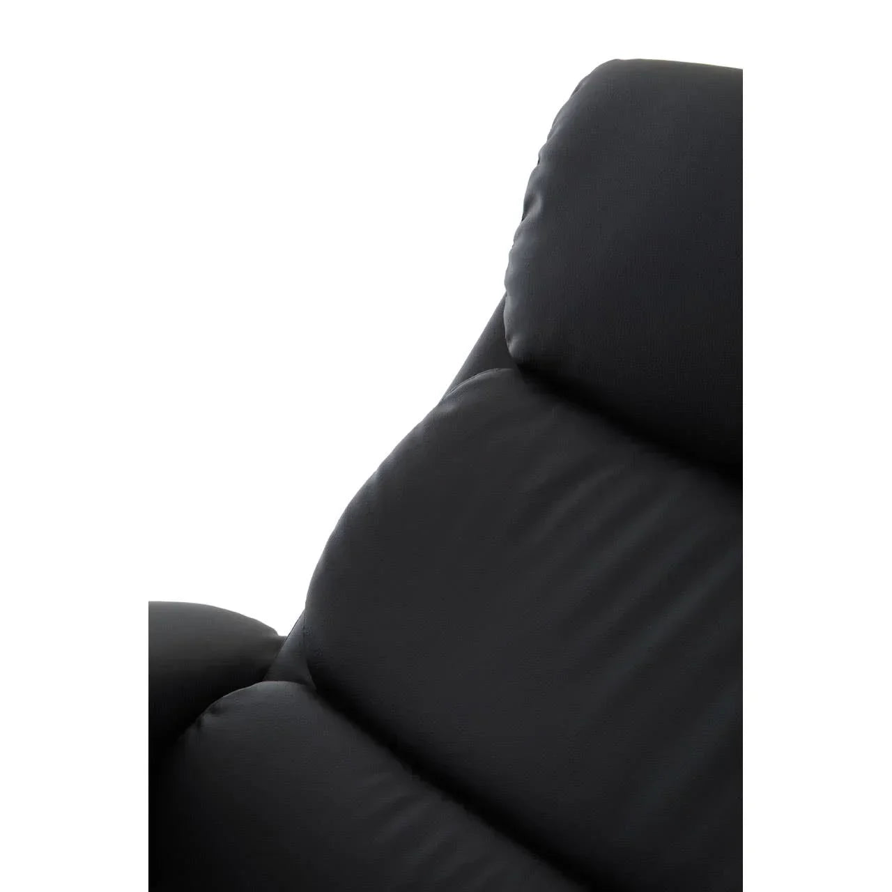 Closeup of black leather recliner chair backrest and headrest