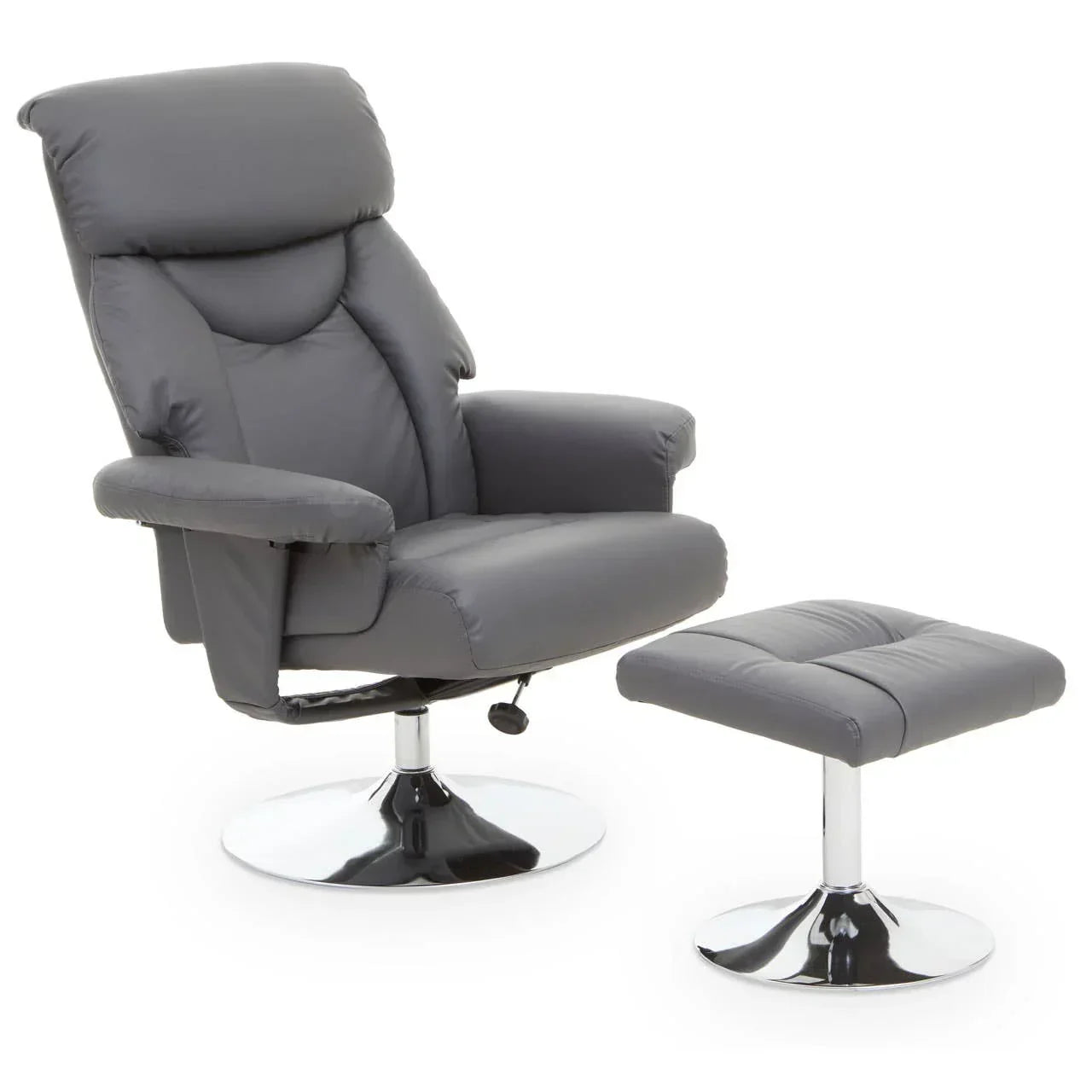 Grey leather recliner chair with matching footstool and chrome bases