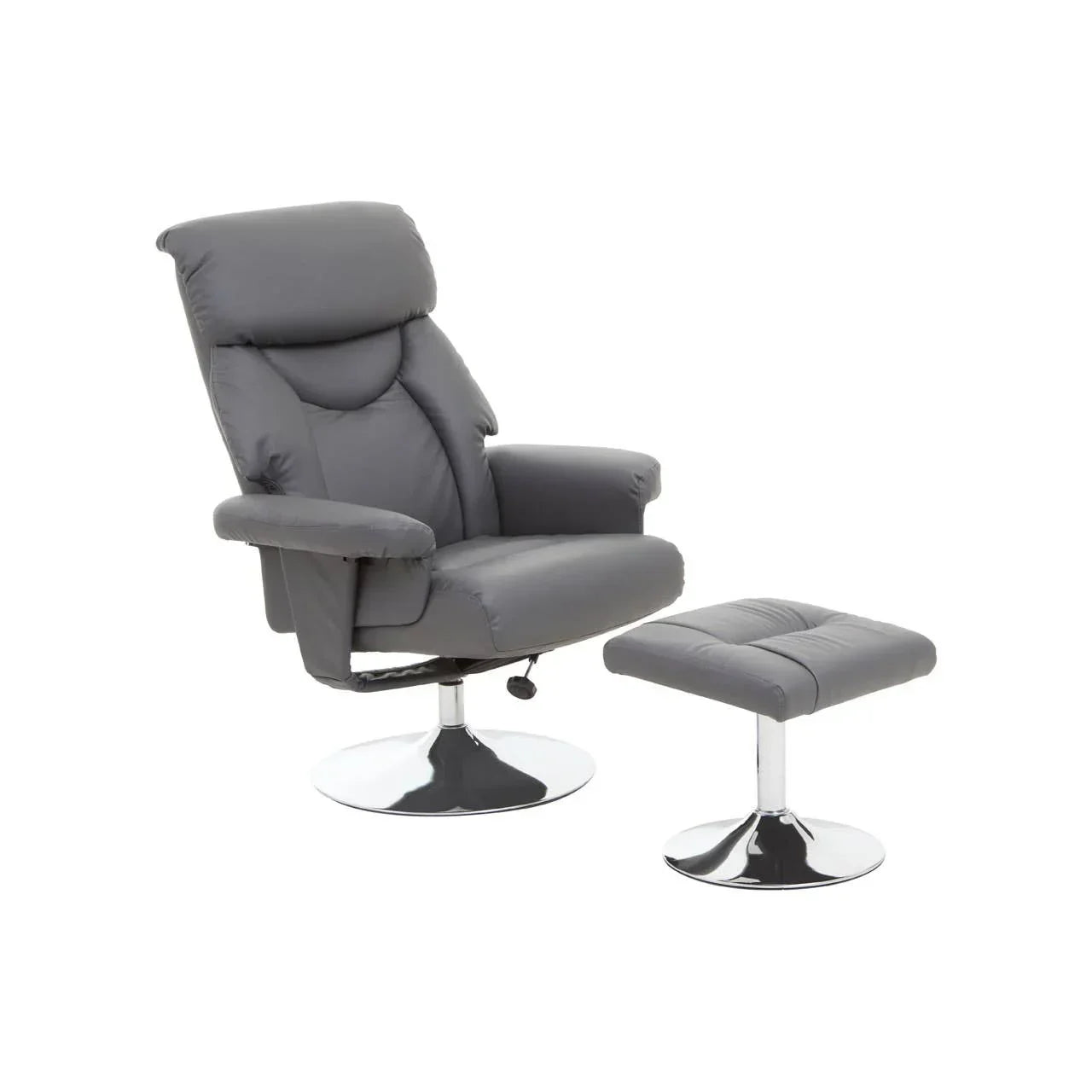 Grey swivel recliner chair with matching footstool and chrome base