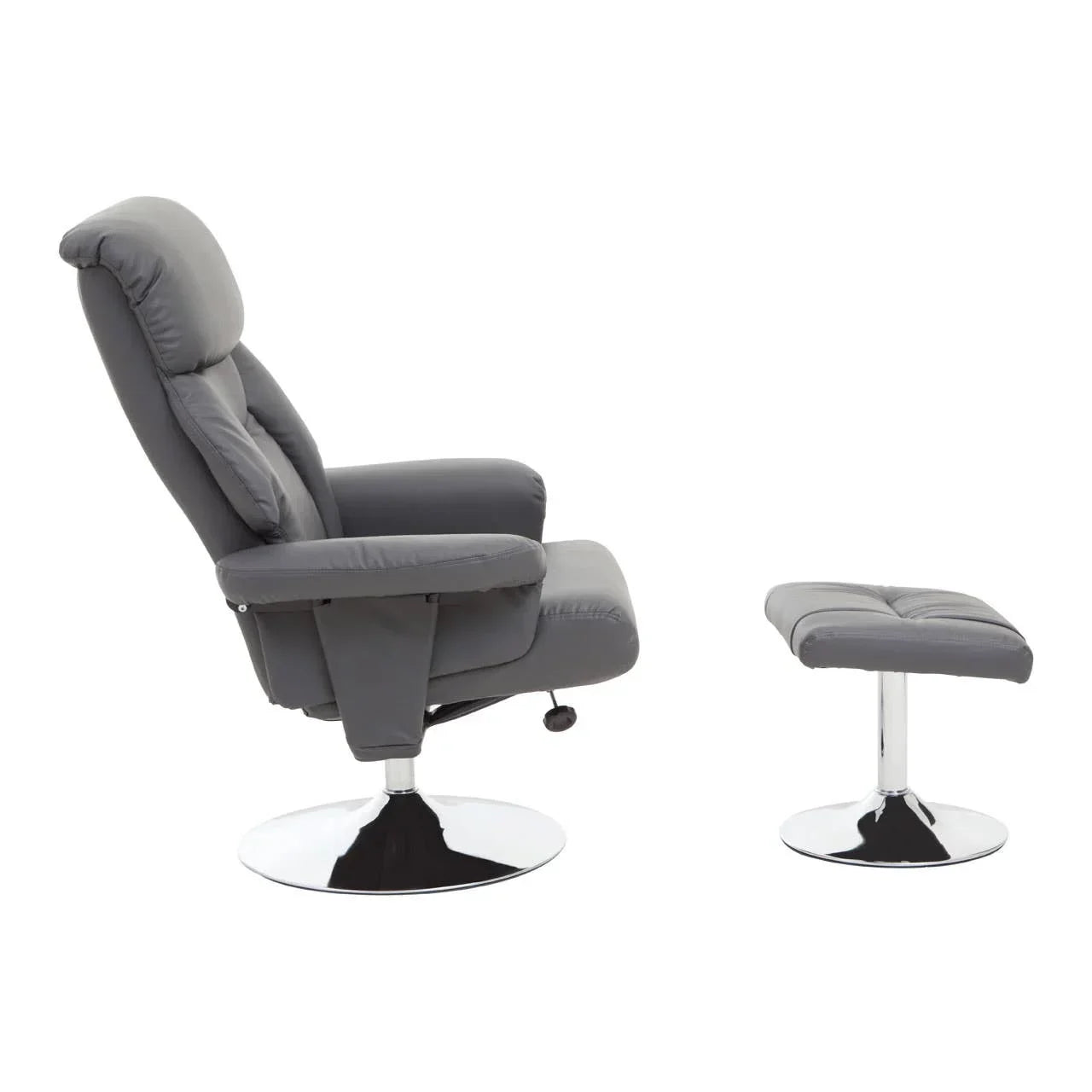 Grey recliner chair with padded seat and matching footstool on chrome bases side view