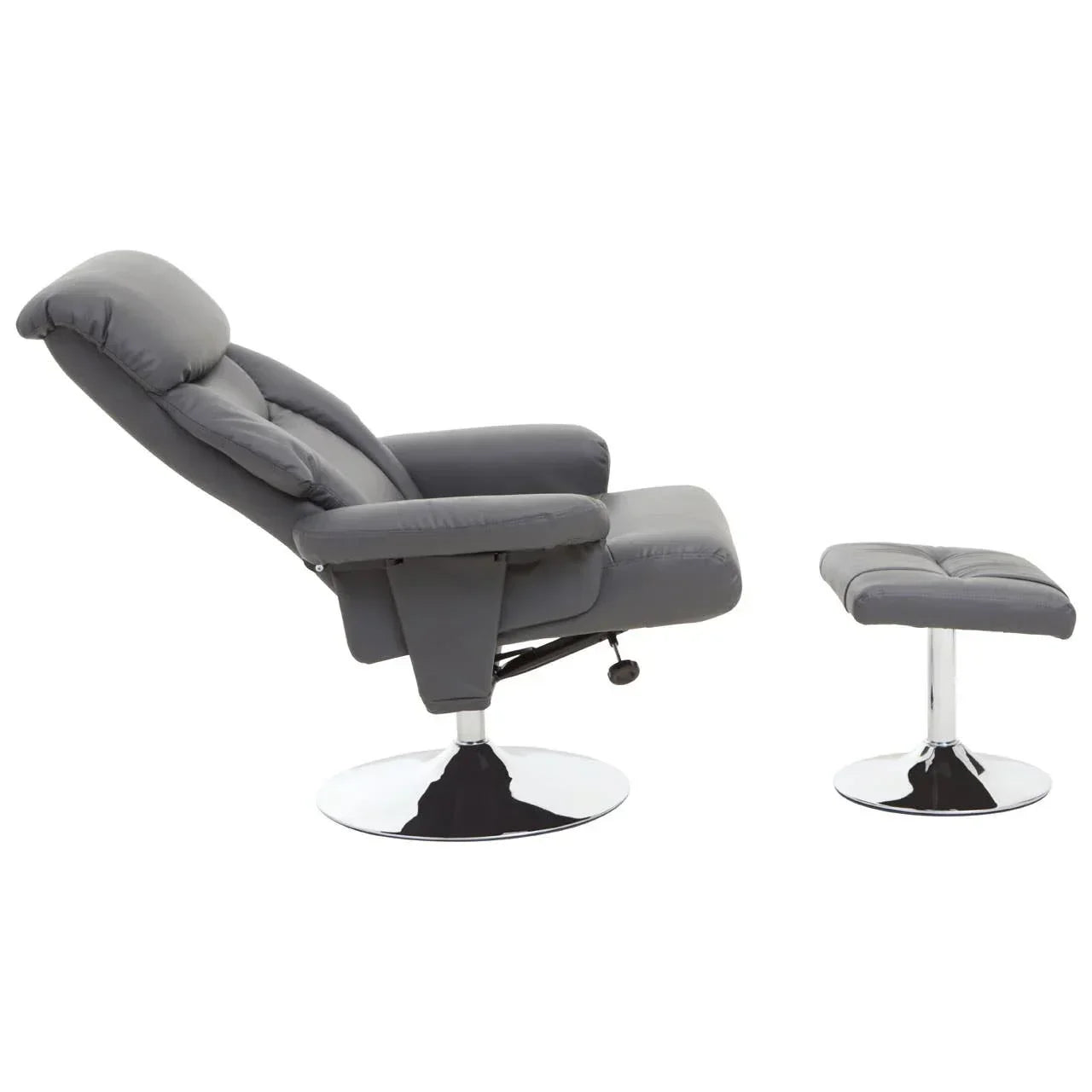 Grey recliner chair with matching footstool and chrome base side view